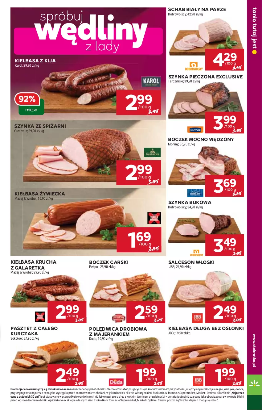 Gazetka promocyjna Stokrotka - Supermarket - ważna 22.01 do 28.01.2026 - strona 9 - produkty: Boczek, Cars, Duda, Gala, Kiełbasa, Kiełbasa krucha, Kurczak, Mięso, Morliny, Optima, Owoce, Pasztet, Pekpol, Piec, Polędwica, Salceson, Sok, Sokołów, Szynka, Tarczyński, Warzywa