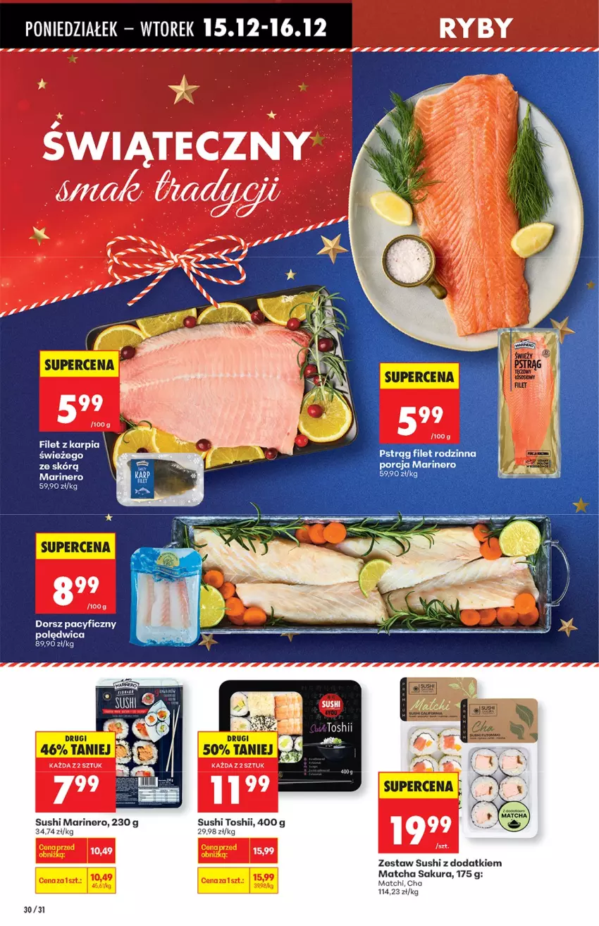 Gazetka promocyjna Biedronka - od Poniedziałku - ważna 15.12 do 21.12.2025 - strona 30 - produkty: Dorsz, Karp, Polędwica, Por, Pstrąg, Sejf, Sushi