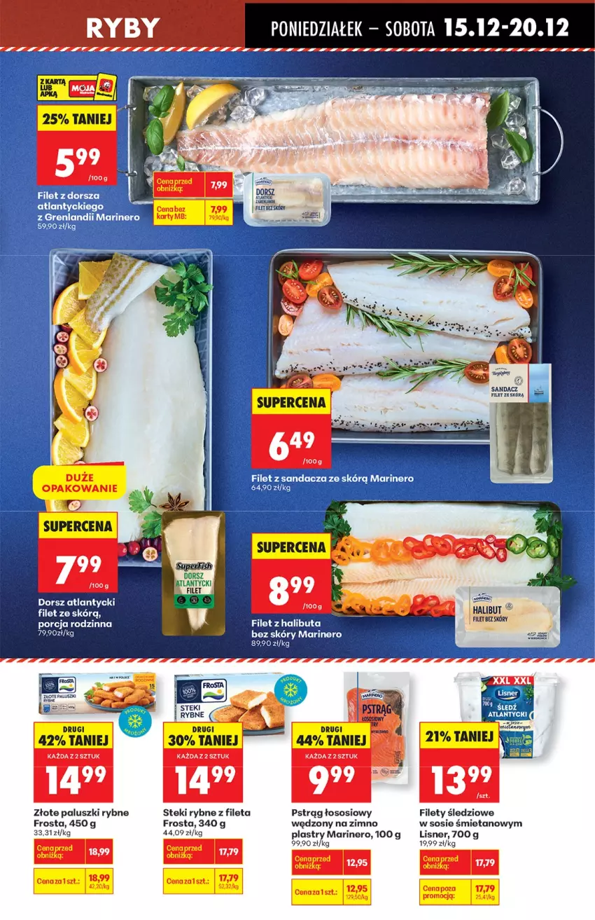 Gazetka promocyjna Biedronka - od Poniedziałku - ważna 15.12 do 21.12.2025 - strona 31 - produkty: Filet z sandacza, Frosta, Halibut, Lisner, Paluszki rybne, Por, Pstrąg, Pstrąg łososiowy, Sandacz, Sos, Stek