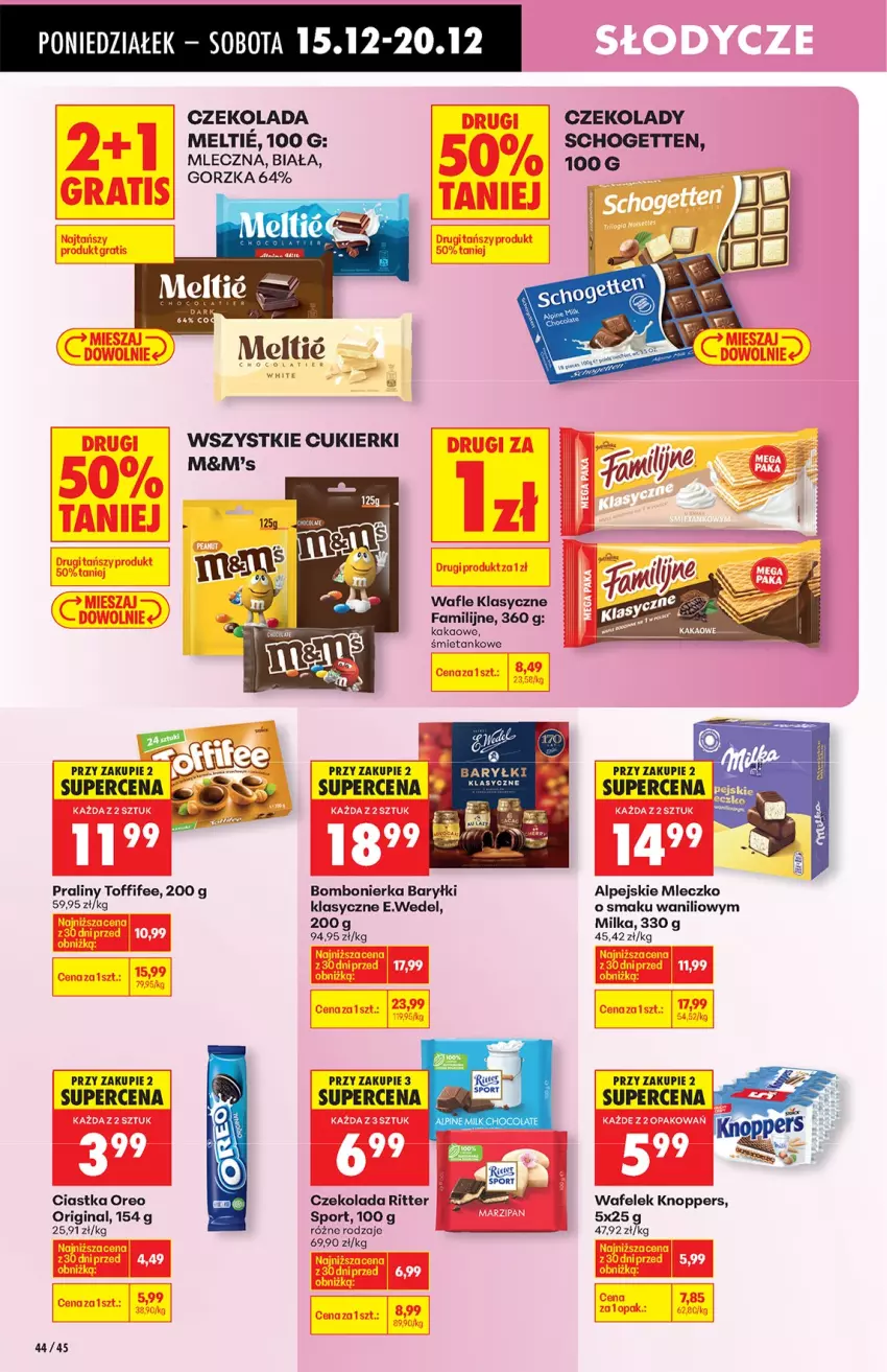 Gazetka promocyjna Biedronka - od Poniedziałku - ważna 15.12 do 21.12.2025 - strona 44 - produkty: Baryłki, Ciastka, Cukier, Cukierki, Czekolada, Fa, Gin, Kakao, Knoppers, Milka, Mleczko, Oreo, Por, Praliny, Schogetten, Sport, Toffifee, Wafelek, Wafle