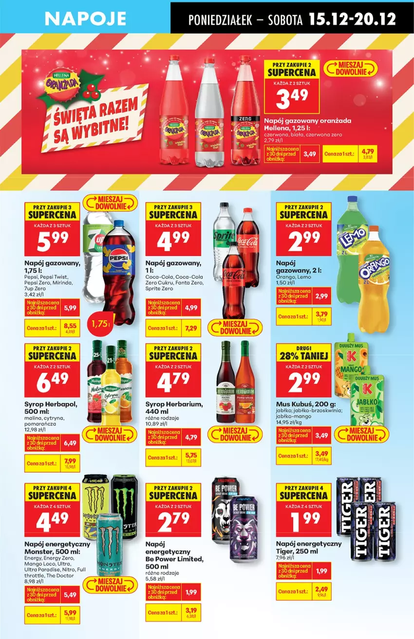 Gazetka promocyjna Biedronka - od Poniedziałku - ważna 15.12 do 21.12.2025 - strona 49 - produkty: 7up, Coca-Cola, Fa, Fanta, Herbapol, Kubuś, Mango, Mirinda, Mus, Napój, Napój energetyczny, Napój gazowany, Napoje, Pepsi, Sprite, Syrop, Tiger