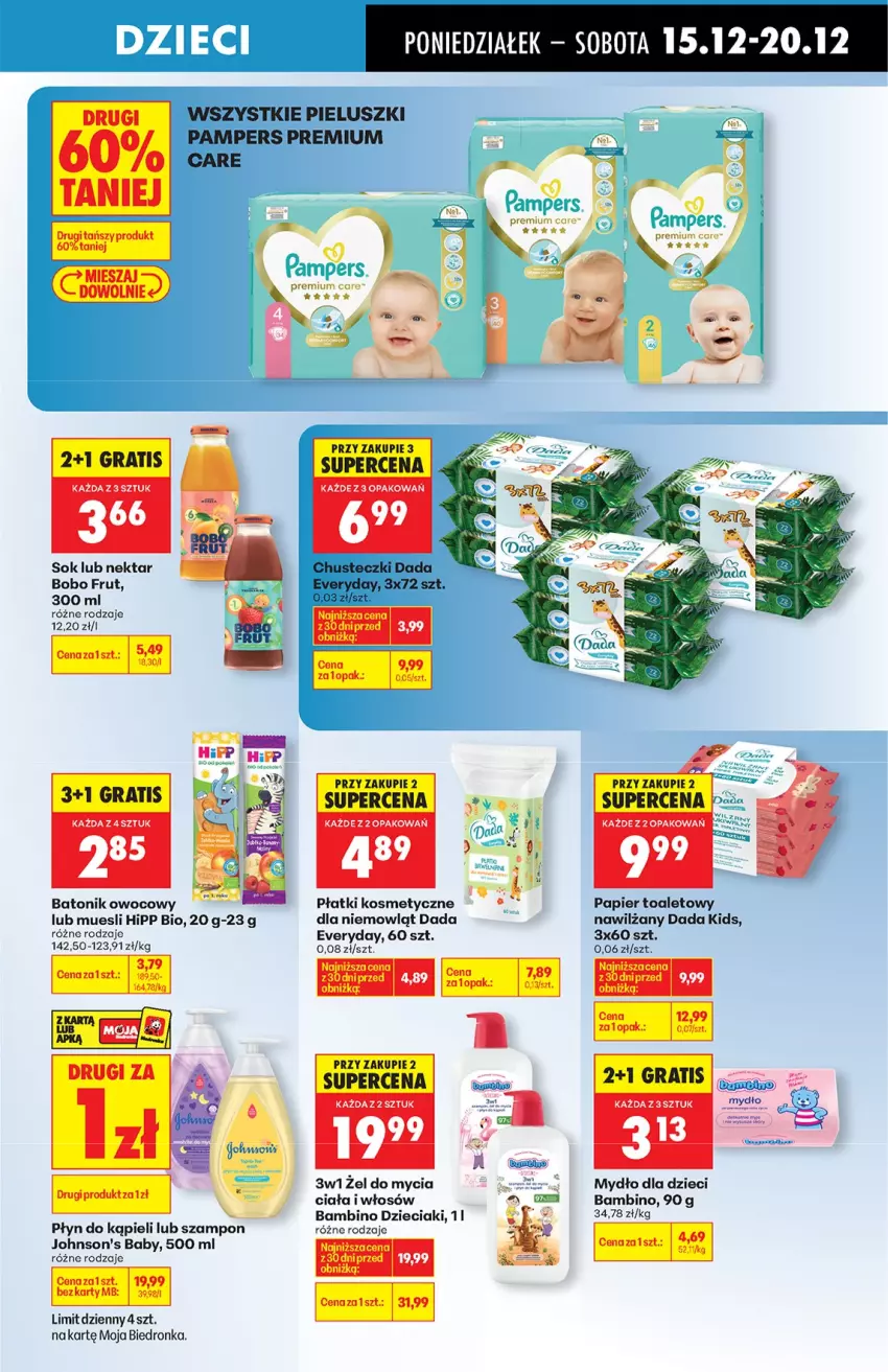 Gazetka promocyjna Biedronka - od Poniedziałku - ważna 15.12 do 21.12.2025 - strona 57 - produkty: Baton, Chusteczki, Dada, Dzieci, Gra, HiPP, Hipp Bio, Johnson's, Johnson's Baby, LG, Mydło, Nektar, Pampers, Papier, Papier toaletowy, Płatki kosmetyczne, Płyn do kąpieli, Sok, Szampon, Tonik