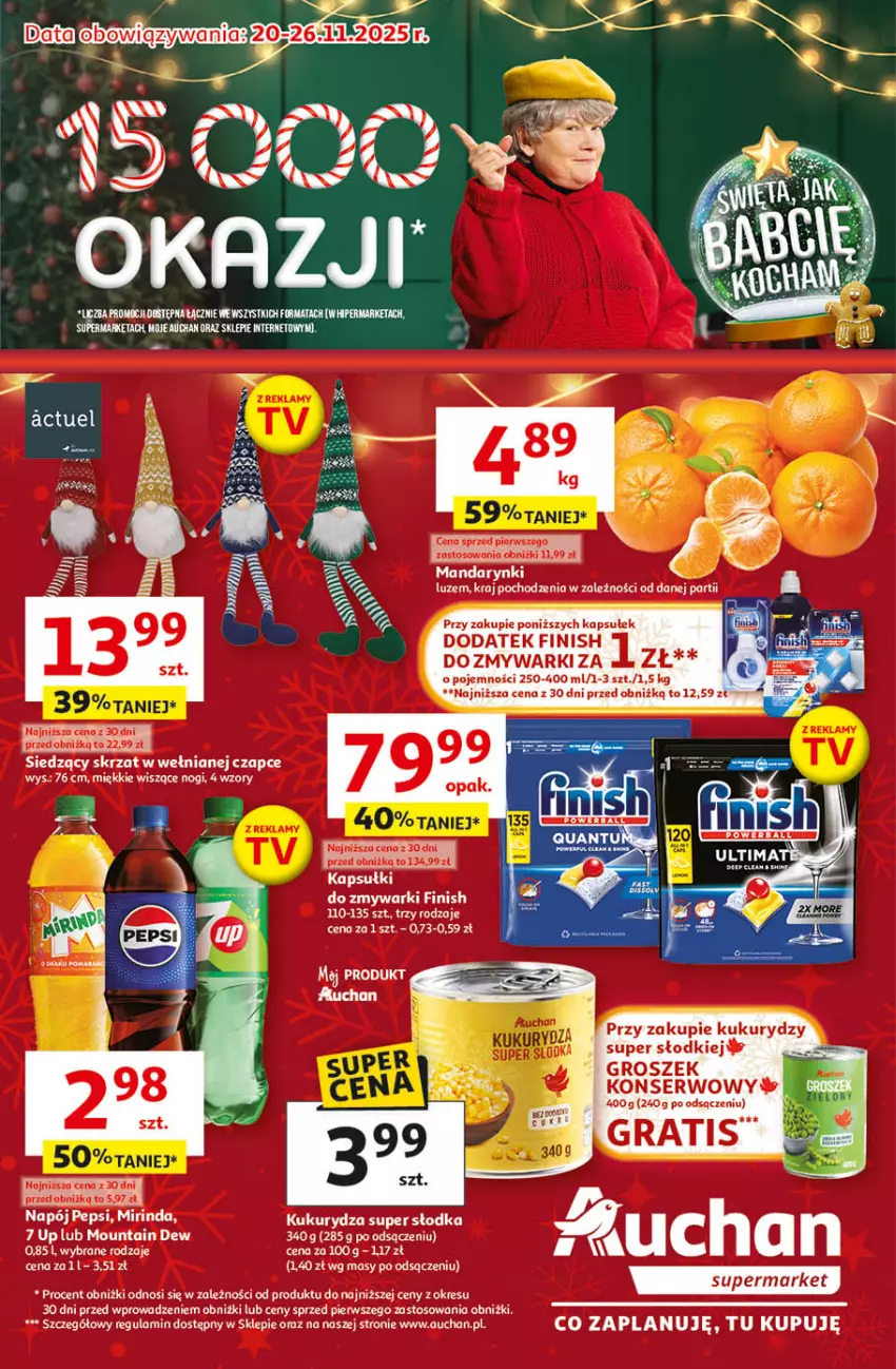 Gazetka promocyjna Auchan - Święta jak babcię kocham Supermarket - ważna 20.11 do 26.11.2025 - strona 1 - produkty: Finish, Gra, Groszek, Kukurydza, Mandarynki, Mirinda, Napój, Pepsi, Ser, Skrzat, Zmywarki