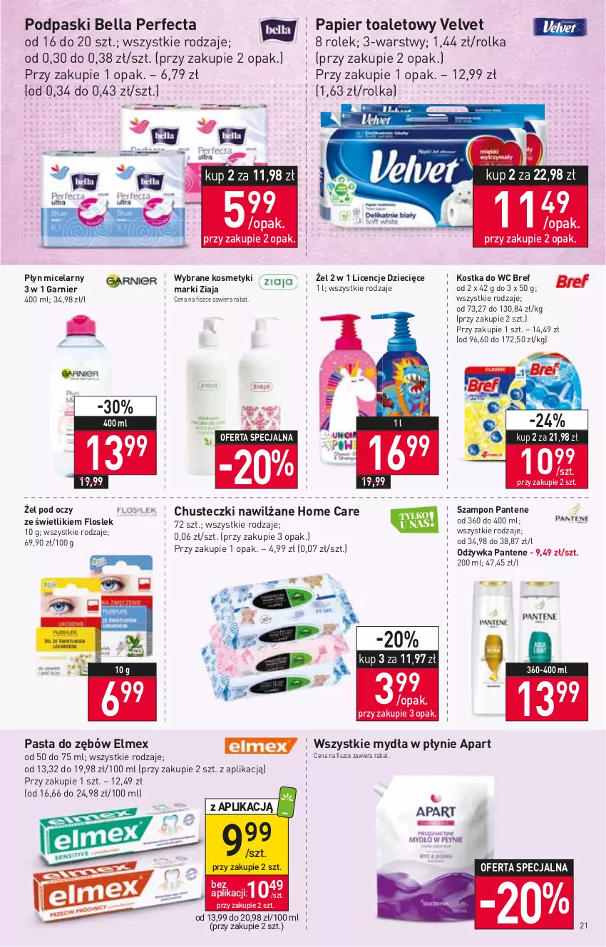 Gazetka promocyjna Stokrotka - Supermarket - ważna 03.11 do 09.11.2022 - strona 21 - produkty: Bell, Bella, Bref, Chusteczki, Dzieci, Elmex, Garnier, Kostka do wc, Odżywka, Pantene, Papier, Papier toaletowy, Pasta do zębów, Perfecta, Płyn micelarny, Podpaski, Szampon, Velvet, Ziaja