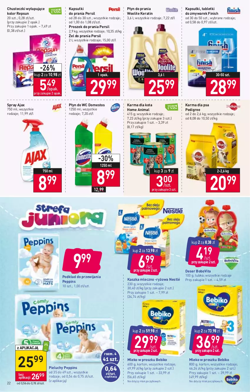 Gazetka promocyjna Stokrotka - Supermarket - ważna 03.11 do 09.11.2022 - strona 22 - produkty: Ajax, Bebiko, BoboVita, Chusteczki, Deser, Domestos, Finish, Kapsułki do prania, Mleko, Mleko w proszku, Nestlé, Pedigree, Persil, Pieluchy, Płyn do prania, Płyn do wc, Podkład, Proszek do prania, Ryż, Ser, Tablet, Woolite