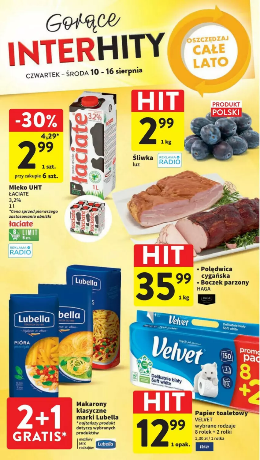 Gazetka promocyjna Intermarche - ważna 10.08 do 16.08.2023 - strona 12 - produkty: Bell, Bella, Boczek, Lubella, Makaron, Mleko, Papier, Papier toaletowy, Polędwica, Rolki, Velvet