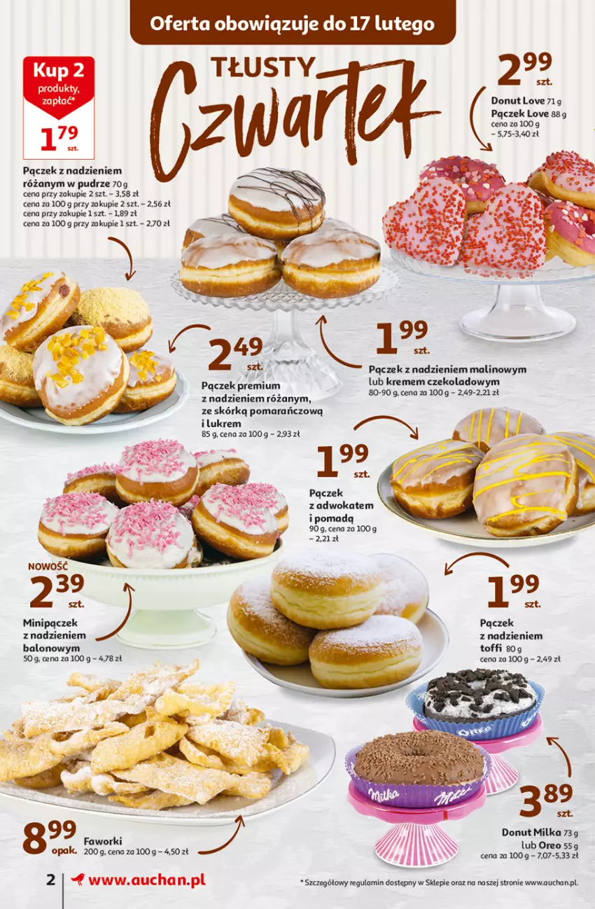 Gazetka promocyjna Auchan - Gazetka Koszyk Oszczędności Supermarket Auchan - ważna 09.02 do 15.02.2023 - strona 2 - produkty: Donut, Fa, Faworki, Milka, Oreo, Pączek, Róża