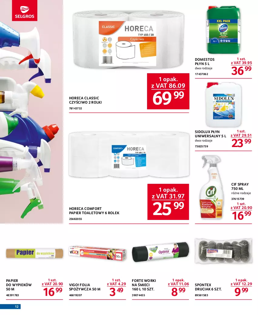 Gazetka promocyjna Selgros - Oferta gastronomiczna - ważna 13.07 do 26.07.2023 - strona 12 - produkty: Cif, Domestos, Papier, Papier toaletowy, Rolki, Sidolux, Worki na śmiec, Worki na śmieci