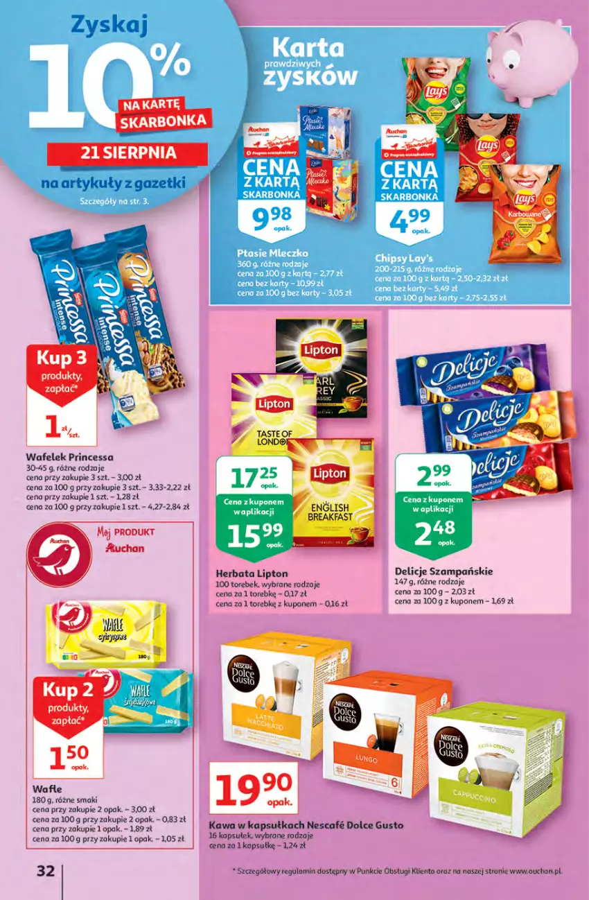 Gazetka promocyjna Auchan - Rysują się kolorowe sny Hipermarkety - ważna 19.08 do 25.08.2021 - strona 32 - produkty: Delicje, Dolce Gusto, Herbata, Kawa, Lipton, Princessa, Wafelek, Wafle