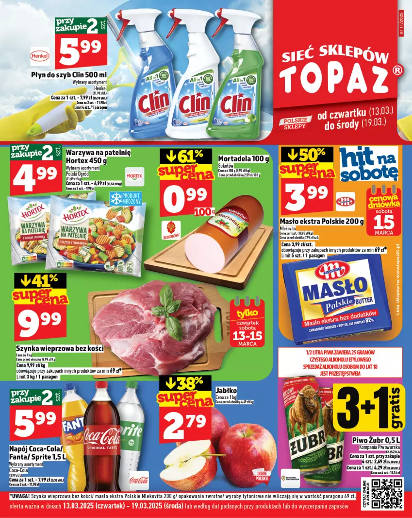 Gazetka promocyjna Topaz - Gazetka - ważna 13.03 do 19.03.2025 - strona 1 - produkty: Clin, Coca-Cola, Fa, Fanta, Hortex, Masło, Mleko, Mlekovita, Napój, Ogród, Piwo, Płyn do szyb, Sprite, Szynka, Szynka wieprzowa, Vita C, Waga