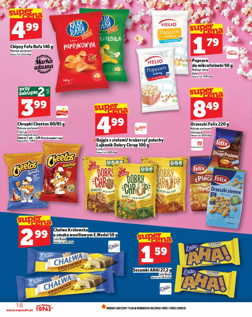 Gazetka promocyjna Topaz - Gazetka - ważna 13.03 do 19.03.2025 - strona 18 - produkty: Bajgle, Chałwa, Cheetos, Chipsy, Chrupki, Fa, Felix, Krakersy, Lajkonik, Lorenz, Orzeszki, Popcorn, Sezam, Top