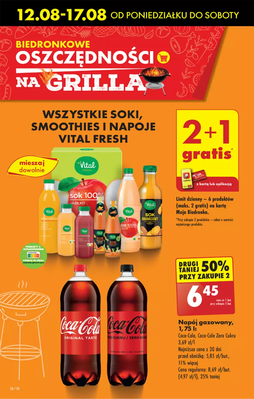 Gazetka promocyjna Biedronka - Od poniedzialku - ważna 12.08 do 17.08.2024 - strona 12 - produkty: Coca-Cola, Gin, Gra, Grill, Napój, Napój gazowany, Napoje, Smoothie, Sok