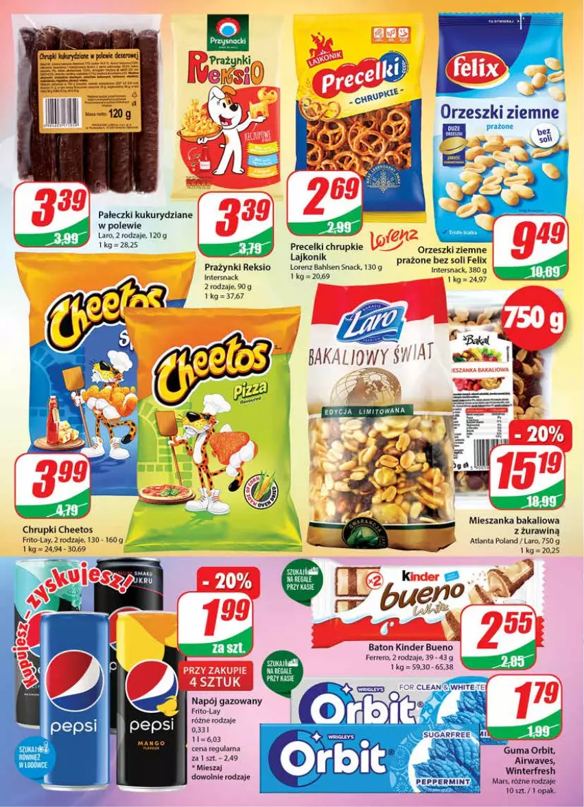 Gazetka promocyjna Dino - Gazetka - ważna 27.07 do 02.08.2022 - strona 18 - produkty: Baton, Cheetos, Chrupki, Felix, Ferrero, Kinder, Kinder Bueno, Lajkonik, Lorenz, Mars, Mieszanka bakaliowa, Napój, Napój gazowany, Orbit, Orzeszki, Precelki