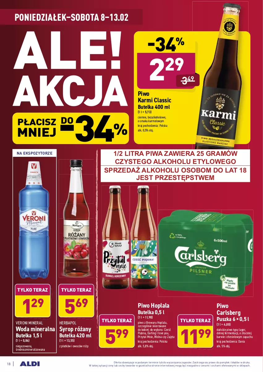 Gazetka promocyjna Aldi - ALE! CENA - ważna 08.02 do 13.02.2021 - strona 18 - produkty: Carlsberg, Gra, Herbapol, Karmi, Piwa, Piwo, Róża, Syrop, Tera, Woda, Woda mineralna