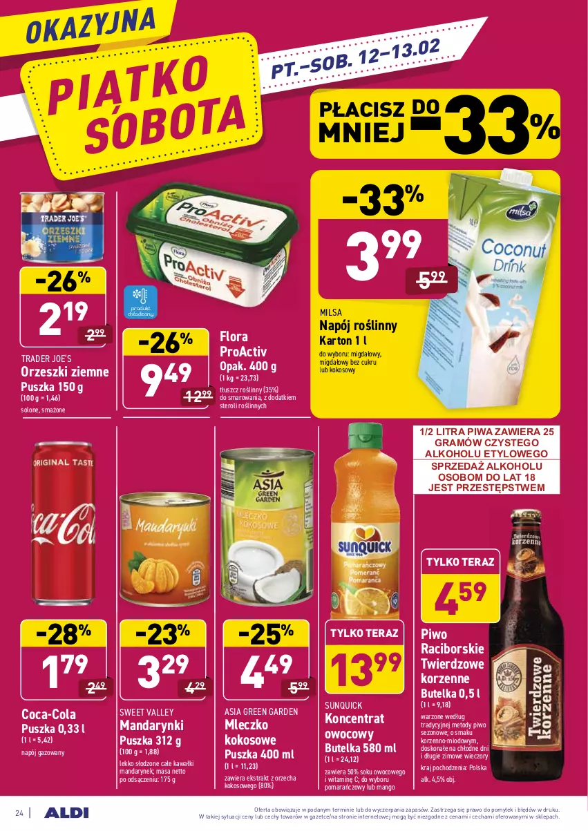 Gazetka promocyjna Aldi - ALE! CENA - ważna 08.02 do 13.02.2021 - strona 24 - produkty: Coca-Cola, Flora, Gra, Kawa, Kokos, Mandarynki, Mango, Mleczko, Napój, Napój gazowany, Napój roślinny, Orzeszki, Orzeszki ziemne, Piwa, Piwo, Sok, Tera, Tłuszcz roślinny