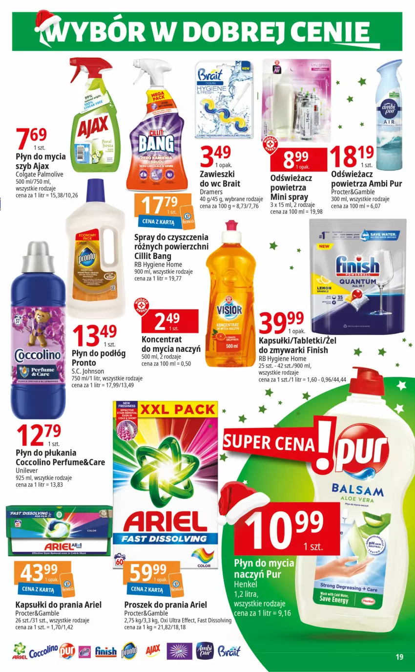 Gazetka promocyjna E Leclerc - ważna 21.11 do 02.12.2023 - strona 19 - produkty: Ajax, Ariel, Cillit Bang, Coccolino, Colgate, Do mycia naczyń, Fa, Finish, Kapsułki do prania, LG, Palmolive, Perfum, Płyn do mycia, Płyn do mycia naczyń, Płyn do płukania, Pronto, Proszek do prania, Pur, Spray do czyszczenia, Tablet, Tera, Zawieszki, Zmywarki