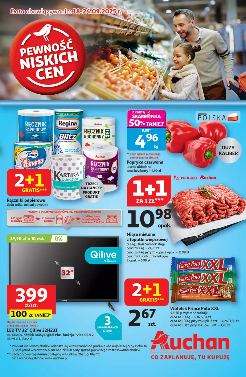 Gazetka promocyjna Auchan - Pewność niskich cen Hipermarket - ważna 18.09 do 24.09.2025 - strona 1 - produkty: Gra, HD ready, K2, LED TV, Mięso, Mięso mielone, Mięso mielone z łopatki wieprzowej, Papier, Papryka, Papryka czerwona, Prince Polo, Ręcznik, Wafelek