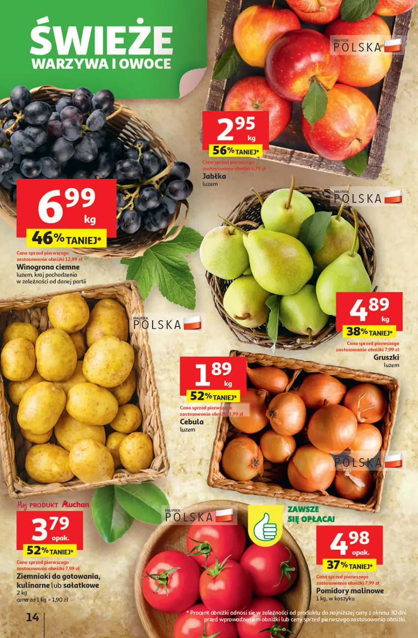 Gazetka promocyjna Auchan - Pewność niskich cen Hipermarket - ważna 18.09 do 24.09.2025 - strona 14 - produkty: Cebula, Gruszki, Kosz, Owoce, Pomidory, Sałat, Warzywa, Warzywa i owoce, Wino, Winogrona, Ziemniaki