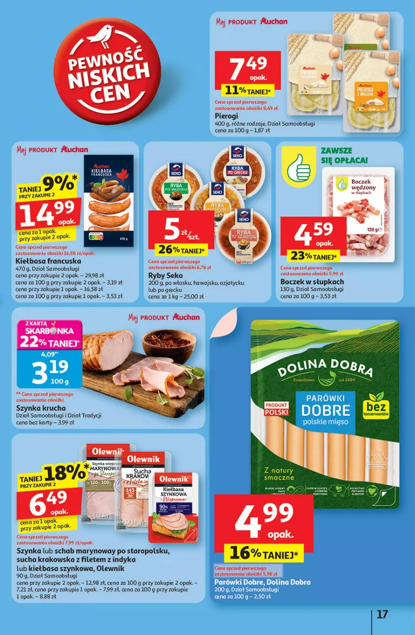 Gazetka promocyjna Auchan - Pewność niskich cen Hipermarket - ważna 18.09 do 24.09.2025 - strona 17 - produkty: Boczek, Kiełbasa, Kiełbasa szynkowa, Olewnik, Pierogi, SEKO, Szynka