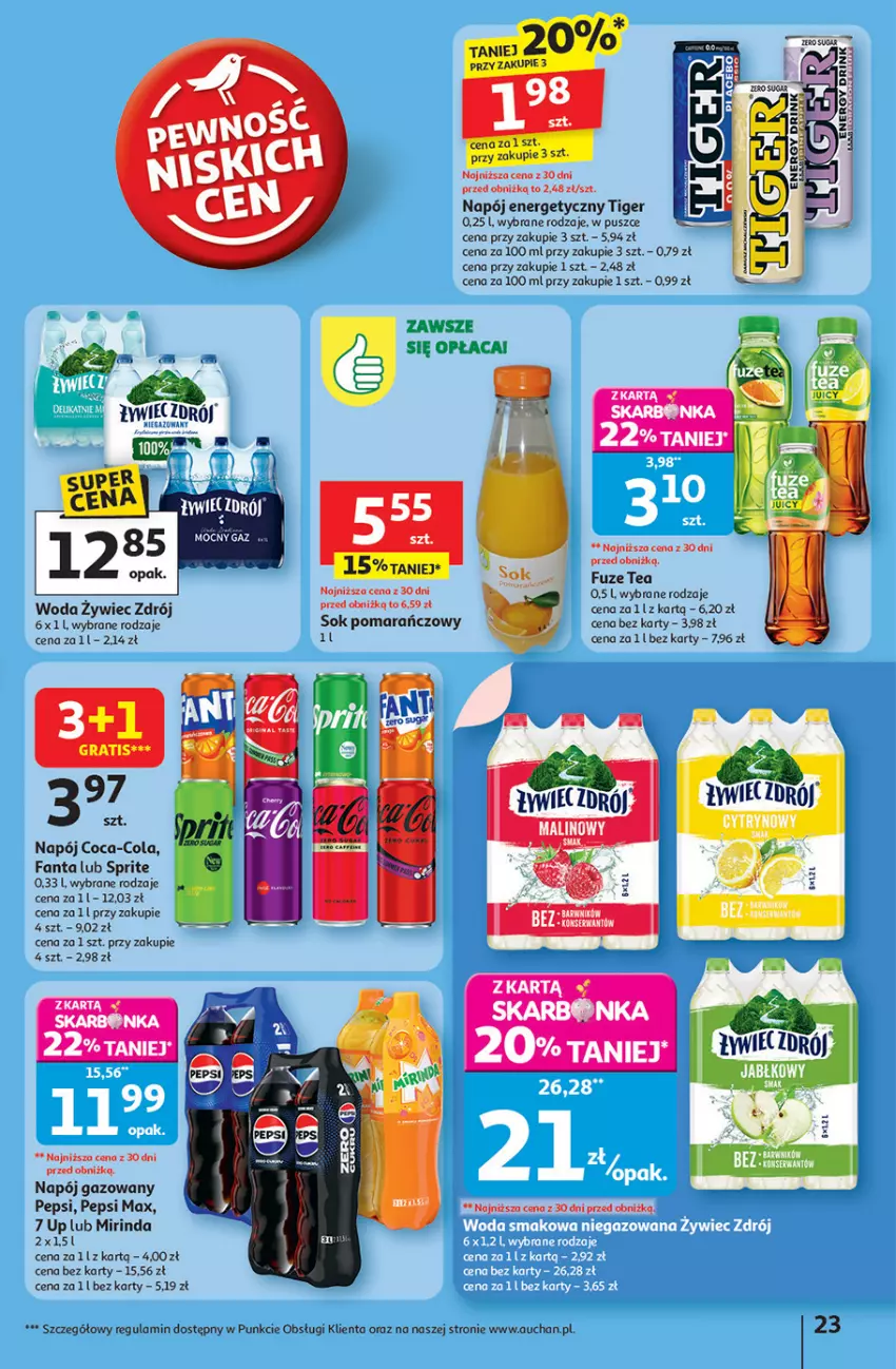 Gazetka promocyjna Auchan - Pewność niskich cen Hipermarket - ważna 18.09 do 24.09.2025 - strona 23 - produkty: Coca-Cola, Fa, Fanta, Gra, Mirinda, Napój, Napój energetyczny, Napój gazowany, Pepsi, Pepsi max, Sok, Sok pomarańczowy, Sprite, Tiger, Woda