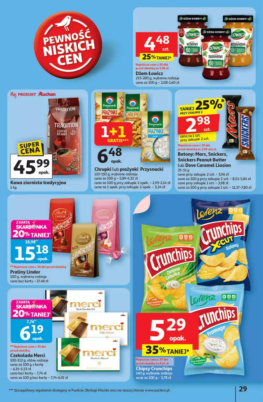 Gazetka promocyjna Auchan - Pewność niskich cen Hipermarket - ważna 18.09 do 24.09.2025 - strona 29 - produkty: Baton, Chipsy, Czekolada, Dove, Dżem, Kawa, Kawa ziarnista, Lindor, Mars, Merci, Praliny, Snickers