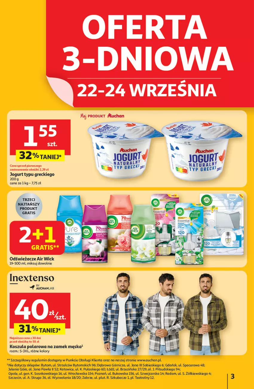 Gazetka promocyjna Auchan - Pewność niskich cen Hipermarket - ważna 18.09 do 24.09.2025 - strona 3 - produkty: Acer, Air Wick, Cars, Jogurt, Kosz, Koszula, Sos