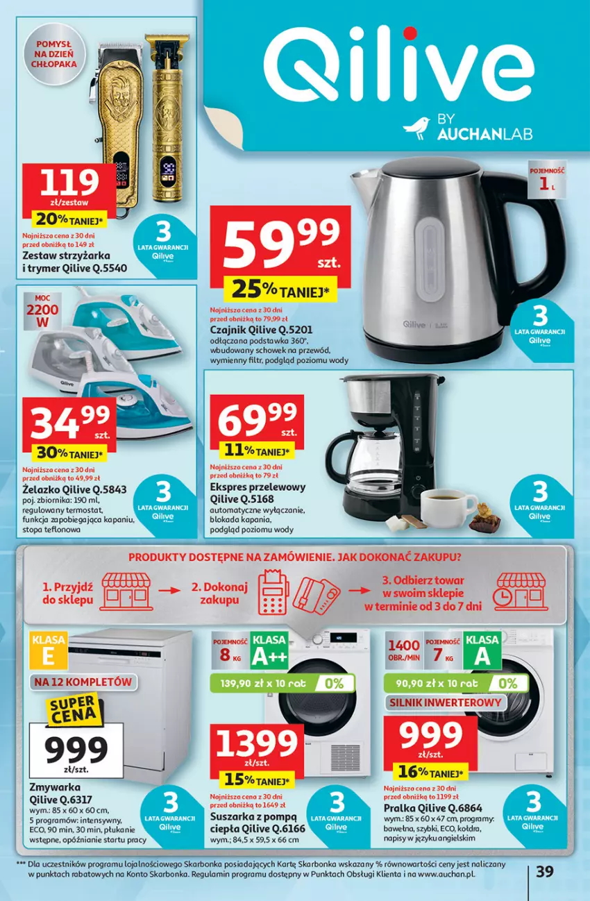 Gazetka promocyjna Auchan - Pewność niskich cen Hipermarket - ważna 18.09 do 24.09.2025 - strona 39 - produkty: Czajnik, Ekspres przelewowy, Gra, Kołdra, Pralka, Przewód, Suszarka, Termos, Top, Warka, Wełna, Zmywarka