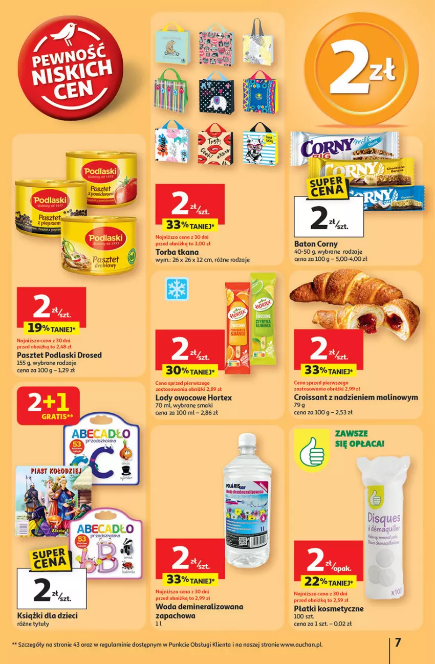 Gazetka promocyjna Auchan - Pewność niskich cen Hipermarket - ważna 18.09 do 24.09.2025 - strona 7 - produkty: Baton, Croissant, Dzieci, Hortex, Lody, Pasztet, Płatki kosmetyczne, Podlaski, Torba, Woda