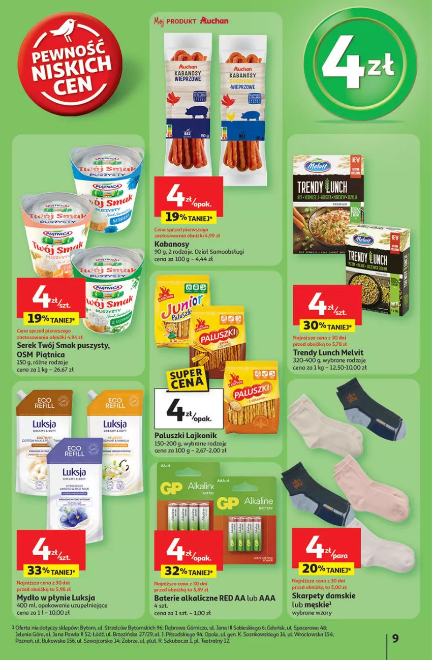 Gazetka promocyjna Auchan - Pewność niskich cen Hipermarket - ważna 18.09 do 24.09.2025 - strona 9 - produkty: Acer, Baterie alkaliczne, Cars, Fa, Kabanos, Karp, Lajkonik, Luksja, Melvit, Mydło, Mydło w płynie, Piątnica, Ser, Serek, Sos, Twój Smak