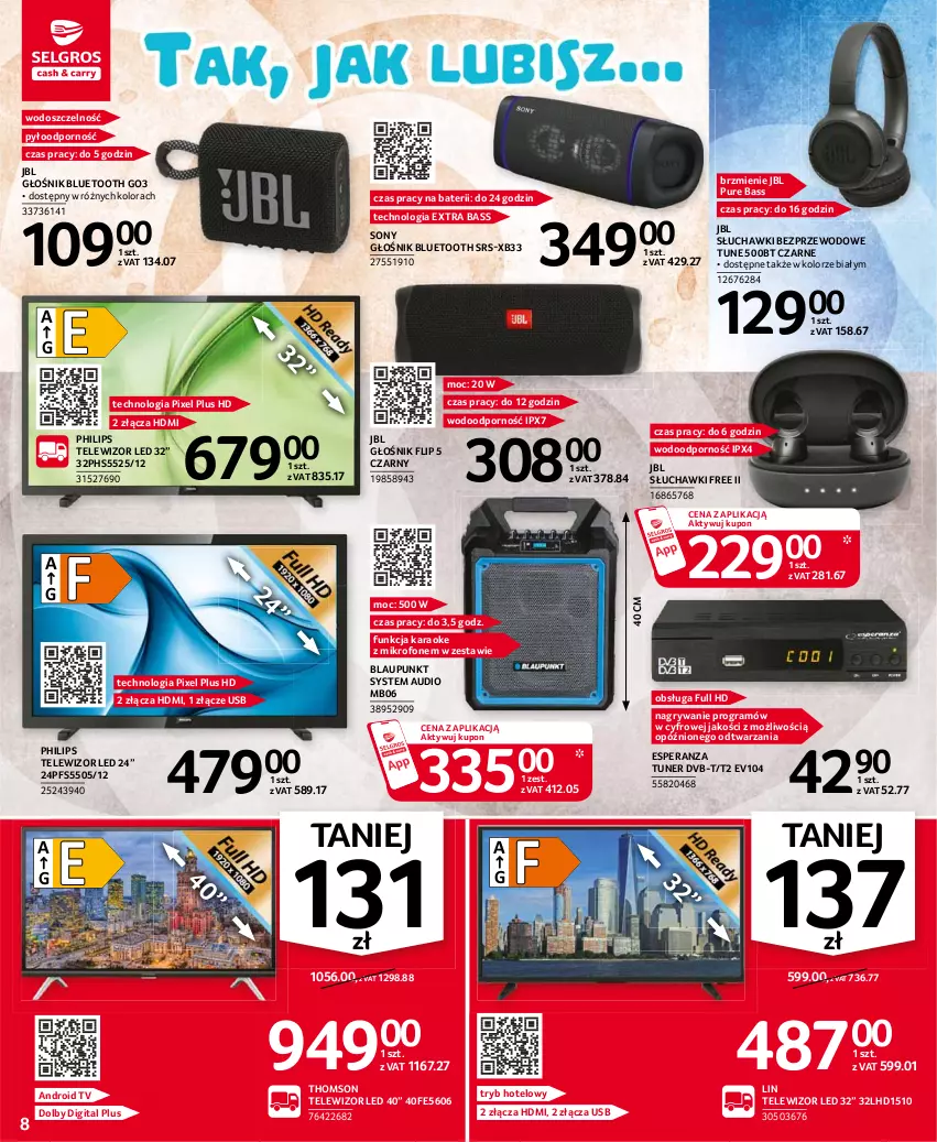 Gazetka promocyjna Selgros - Oferta przemysłowa - ważna 05.08 do 18.08.2021 - strona 8 - produkty: Android TV, Głośnik, Głośnik bluetooth, Gra, Gry, JBL, Mikrofon, Philips, Por, Pur, Słuchawki, Słuchawki bezprzewodowe, Sony, Telewizor, Thomson