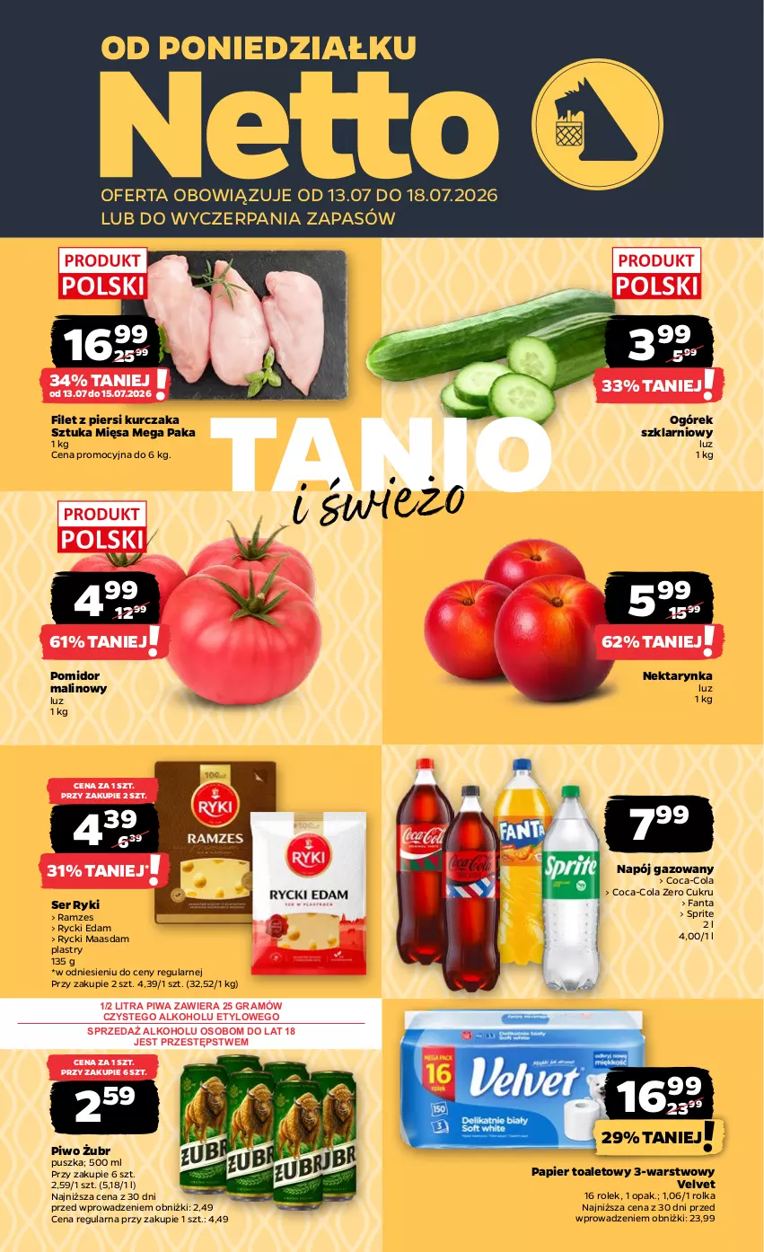Gazetka promocyjna Netto - Od Poniedziałku - ważna 13.07 do 18.07.2026 - strona 1 - produkty: Coca-Cola, Edam, Fa, Fanta, Filet z piersi kurczaka, Gra, Kurczak, Maasdam, Napój, Napój gazowany, Nektar, Nektarynka, Ogórek, Papier, Papier toaletowy, Piwa, Piwo, Pomidor malinowy, Rycki Edam, Ser, Sprite, Velvet