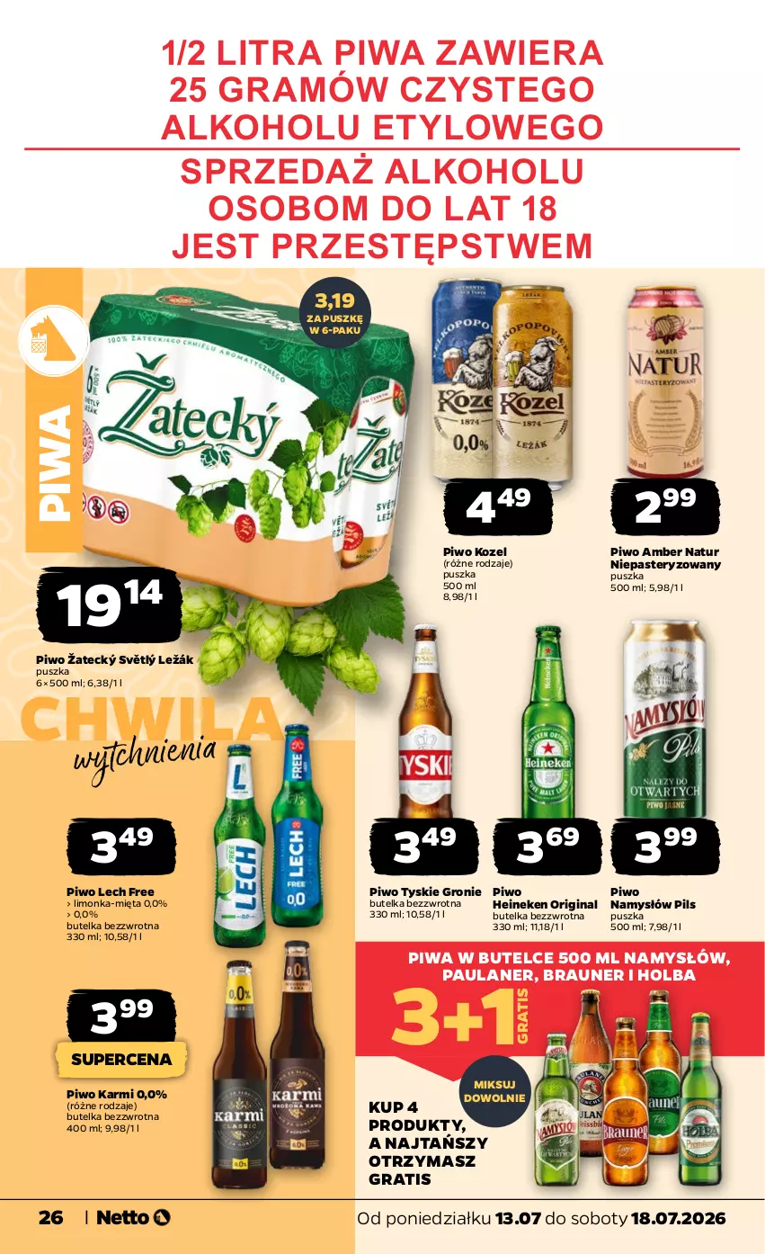 Gazetka promocyjna Netto - Od Poniedziałku - ważna 13.07 do 18.07.2026 - strona 26 - produkty: Braun, Gin, Gra, Heineken, Karmi, Kozel, Limonka, Mięta, Namysłów, Piwa, Piwo, Tyskie