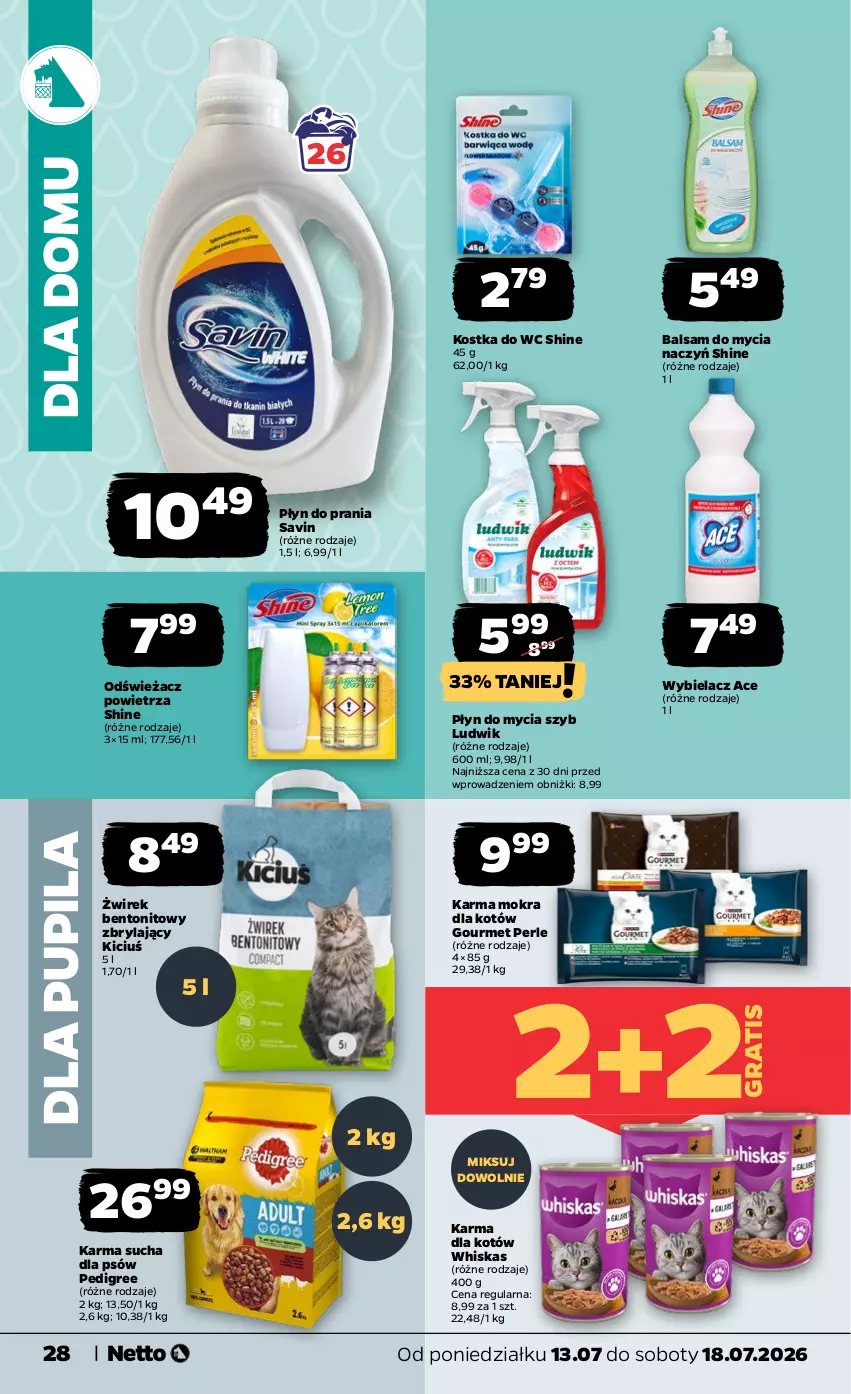 Gazetka promocyjna Netto - Od Poniedziałku - ważna 13.07 do 18.07.2026 - strona 28 - produkty: Balsam do mycia naczyń, Do mycia naczyń, Gra, Karma mokra dla kotów, Kostka do wc, Ludwik, Odświeżacz powietrza, Pedigree, Płyn do mycia, Płyn do prania, Whiskas