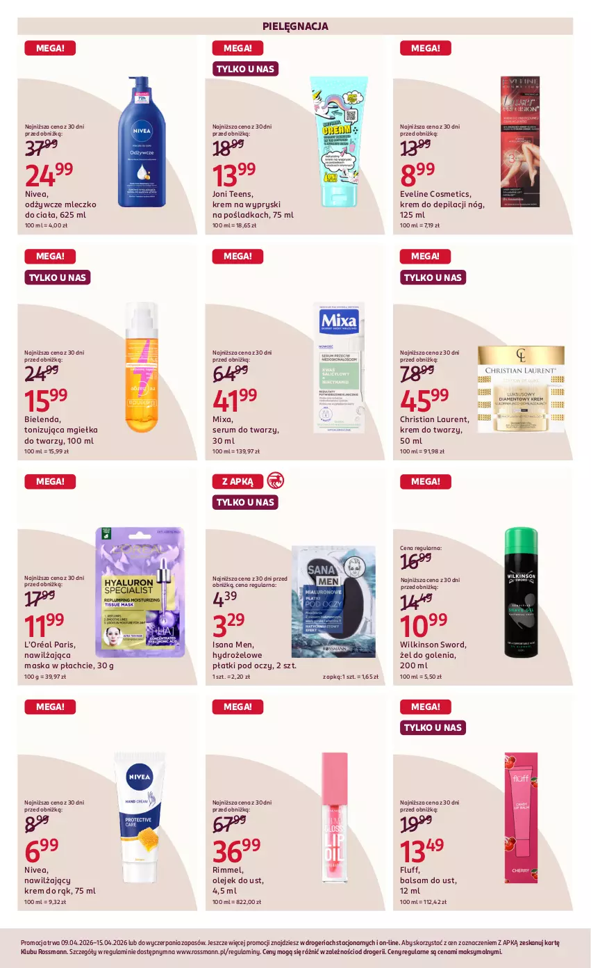Gazetka promocyjna Rossmann - Gazetka promocyjna Rossmanna - ważna 09.04 do 15.04.2026 - strona 3 - produkty: Balsam do ust, Bielenda, Eveline, Hydrożelowe płatki pod oczy, Isana, Krem do depilacji, Krem do rąk, Krem do twarzy, L’Oréal, Laur, Maska, Maska w płachcie, Mgiełka do twarzy, Mixa, Mleczko, Mleczko do ciała, Nivea, Olej, Rum, Ser, Serum, Serum do twarzy, Wilkinson Sword