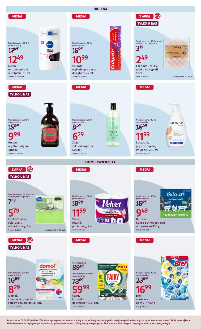 Gazetka promocyjna Rossmann - Gazetka promocyjna Rossmanna - ważna 09.04 do 15.04.2026 - strona 5 - produkty: Antyperspirant, Bref, Chusteczki, Colgate, Domol, Fa, Fairy, For Your Beauty, Lactacyd, LG, Mydło, Mydło w płynie, Nivea, Papier, Pasta do zębów, Płyn do higieny intymnej, Por, Ręcznik, Velvet, Zawieszka do wc, Ziaja, Zmywarki, Zwierzęta