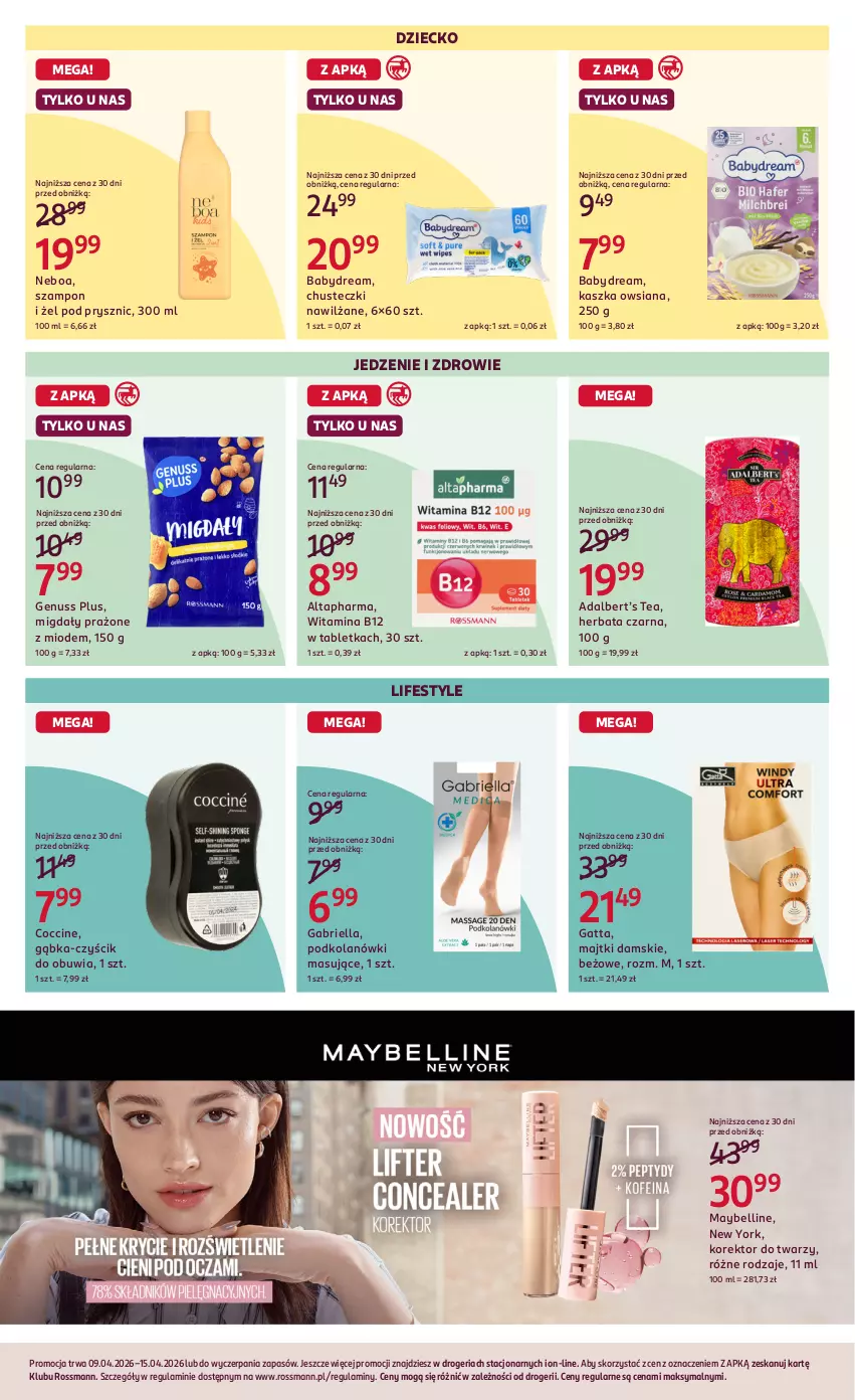 Gazetka promocyjna Rossmann - Gazetka promocyjna Rossmanna - ważna 09.04 do 15.04.2026 - strona 6 - produkty: Babydream, Bell, Brie, Chusteczki, Gatta, Genuss Plus, Herbata, Herbata czarna, Korektor do twarzy, Majtki, Maybelline, Migdały, Szampon, Tablet, Zdrowie