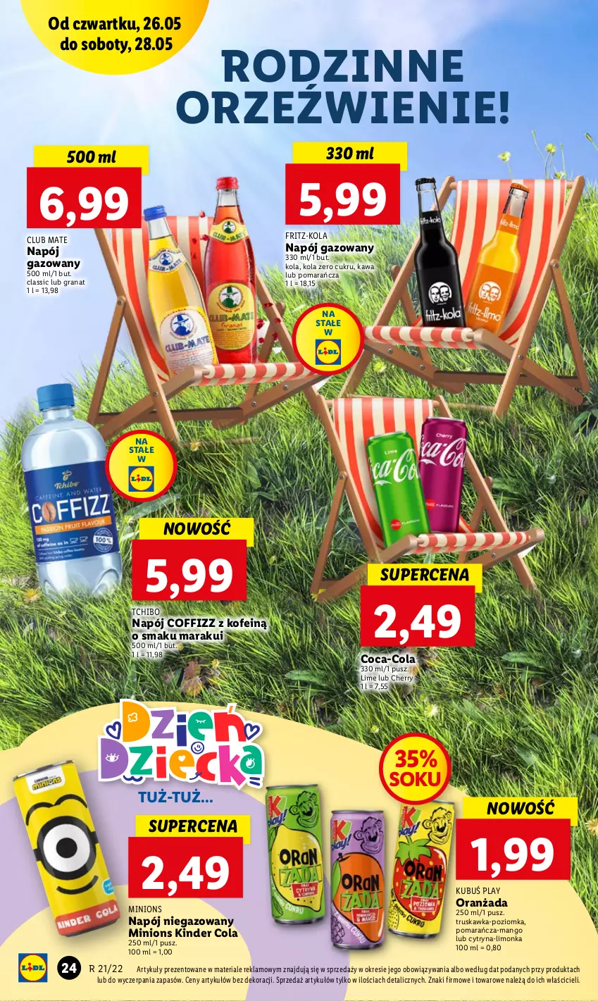 Gazetka promocyjna Lidl - GAZETKA - ważna 26.05 do 28.05.2022 - strona 24 - produkty: Coca-Cola, Gra, Granat, Kawa, Kinder, Kubuś, Limonka, Mango, Napój, Napój gazowany, Napój niegazowany, Oranżada, Sok, Tchibo