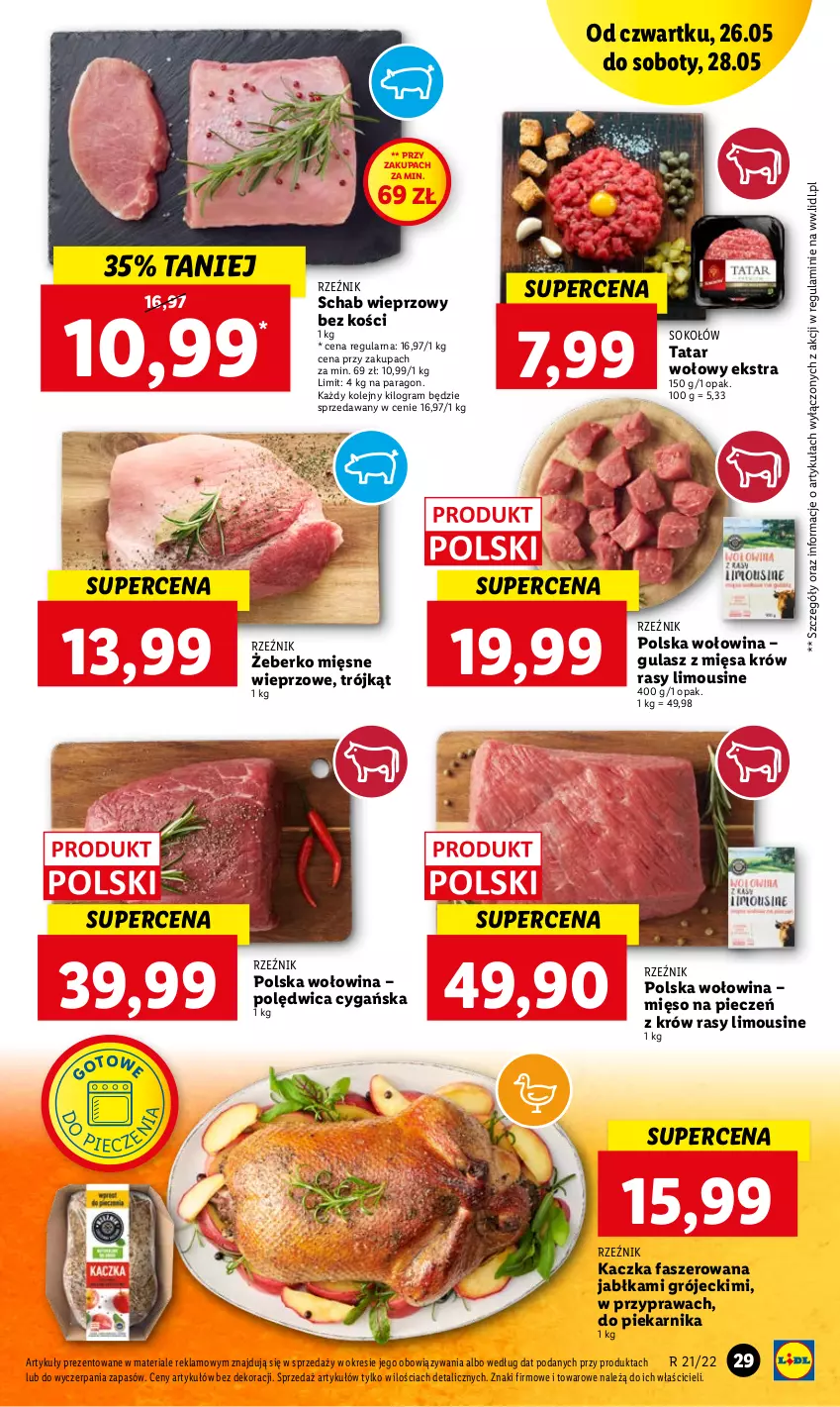 Gazetka promocyjna Lidl - GAZETKA - ważna 26.05 do 28.05.2022 - strona 29 - produkty: Fa, Gra, Jabłka, Kaczka, Kaczka faszerowana, Mięso, Olej, Piec, Piekarnik, Polędwica, Schab wieprzowy, Sok, Sokołów, Tatar wołowy, Wołowina