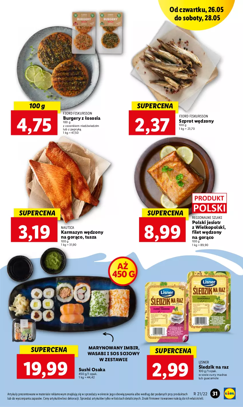 Gazetka promocyjna Lidl - GAZETKA - ważna 26.05 do 28.05.2022 - strona 31 - produkty: Amol, Burger, Imbir, Karmazyn wędzony, Lisner, Sos, Sos sojowy, Sushi, Szprot, Tusz, Wasa