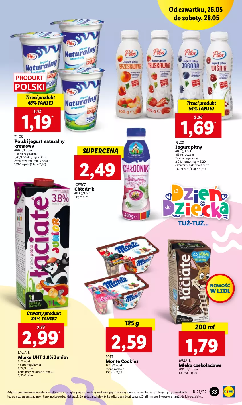 Gazetka promocyjna Lidl - GAZETKA - ważna 26.05 do 28.05.2022 - strona 33 - produkty: Jogurt, Jogurt naturalny, Jogurt pitny, Mleko, Monte, Pilos, Zott