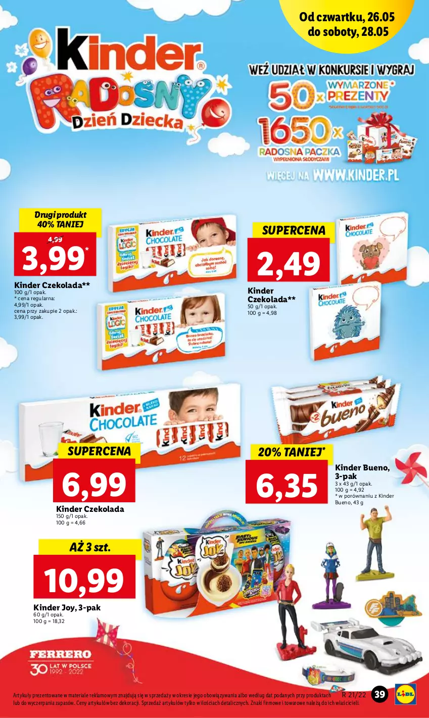 Gazetka promocyjna Lidl - GAZETKA - ważna 26.05 do 28.05.2022 - strona 39 - produkty: Czekolada, Kinder, Kinder Bueno, Por