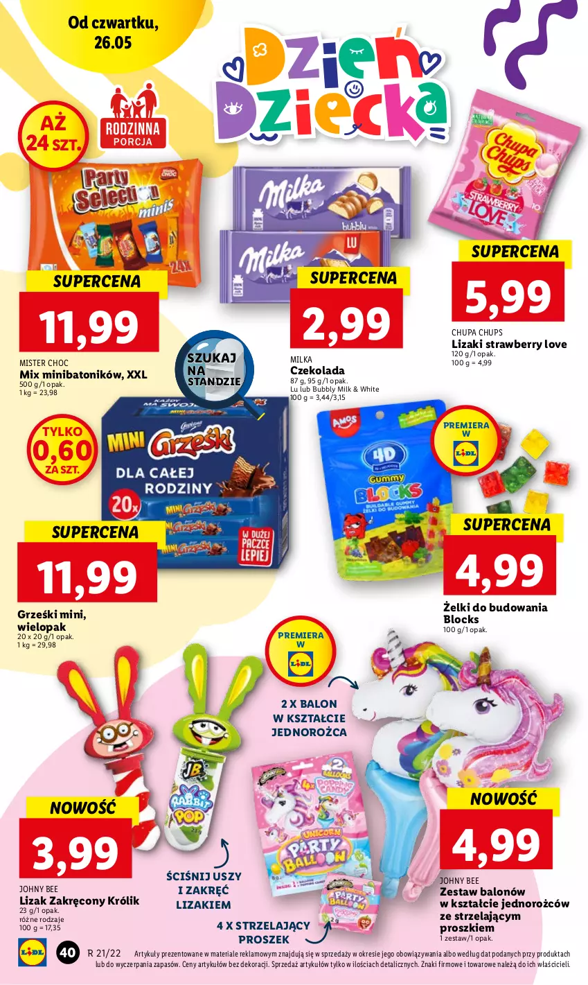 Gazetka promocyjna Lidl - GAZETKA - ważna 26.05 do 28.05.2022 - strona 40 - produkty: Baton, Chupa Chups, Czekolada, Grześki, Królik, Lizaki, Milka, Tonik