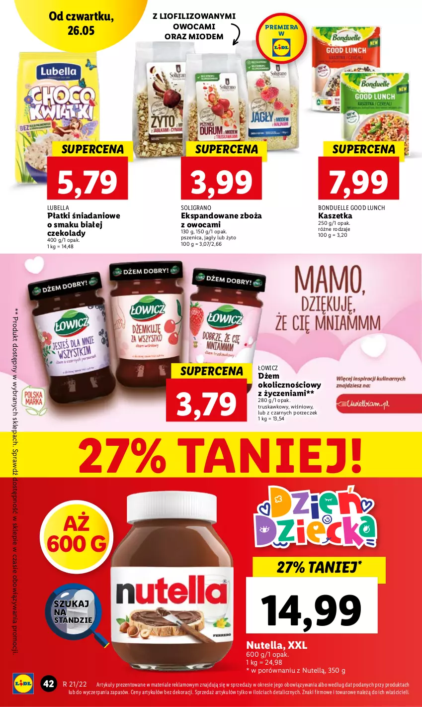 Gazetka promocyjna Lidl - GAZETKA - ważna 26.05 do 28.05.2022 - strona 42 - produkty: Bell, Bella, Bonduelle, Danio, Dżem, Gra, Kaszetka, Lubella, Nutella, Por, Soligrano