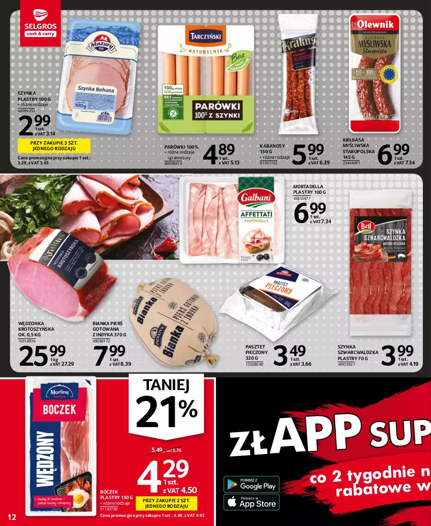 Gazetka promocyjna Selgros - Oferta spożywcza - ważna 14.10 do 27.10.2021 - strona 12 - produkty: Bianka, Boczek, Dell, Gra, Kabanos, Kiełbasa, Mortadella, Parówki, Pasztet, Piec, Rama, Szynka