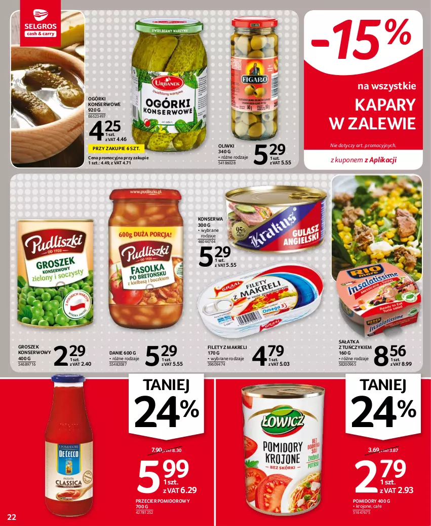 Gazetka promocyjna Selgros - Oferta spożywcza - ważna 14.10 do 27.10.2021 - strona 22 - produkty: Groszek, Kapary, Ogórki konserwowe, Oliwki, Pomidory, Sałat, Sałatka, Ser, Tuńczyk