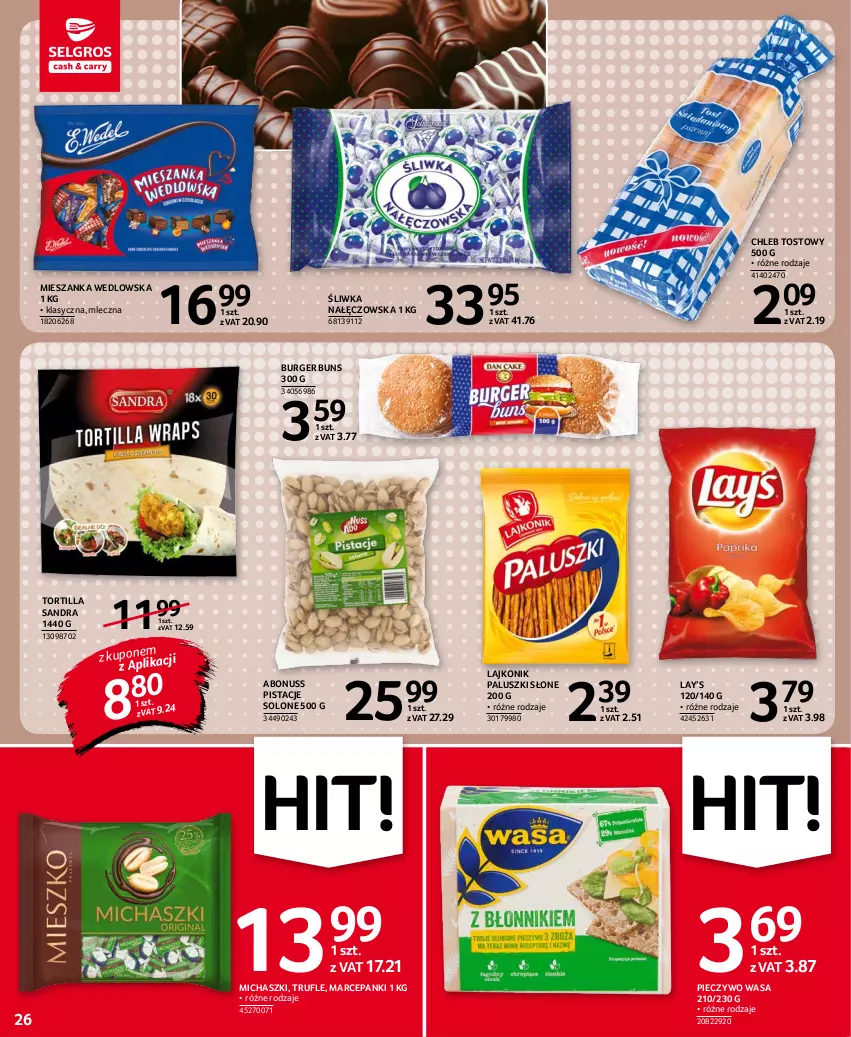 Gazetka promocyjna Selgros - Oferta spożywcza - ważna 14.10 do 27.10.2021 - strona 26 - produkty: Burger, Chleb, Chleb tostowy, Lajkonik, Lay’s, Mieszanka wedlowska, Piec, Pieczywo, Pistacje, Tortilla, Wasa