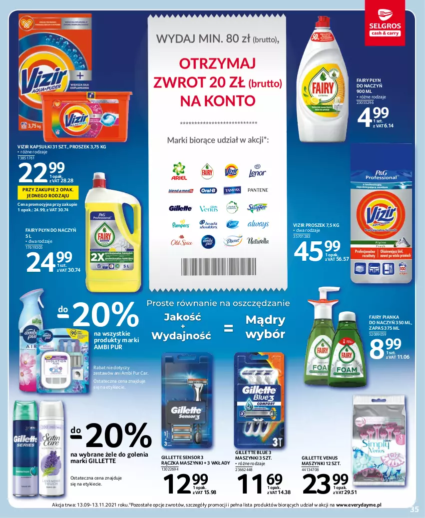 Gazetka promocyjna Selgros - Oferta spożywcza - ważna 14.10 do 27.10.2021 - strona 35 - produkty: Ambi Pur, Fa, Fairy, Gillette, Gillette Venus, Pur, Venus, Vizir