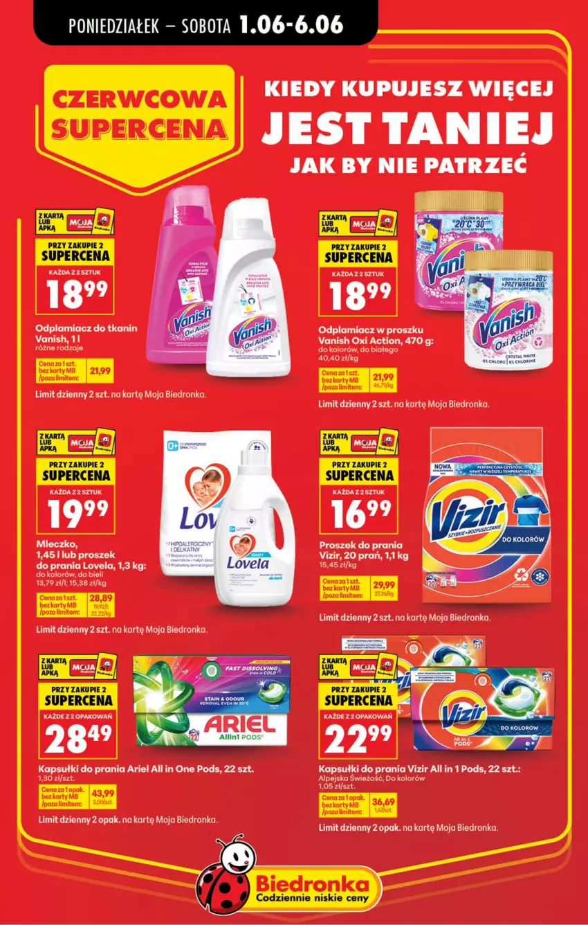 Gazetka promocyjna Biedronka - Od Poniedziałku - ważna 01.06 do 06.06.2026 - strona 14 - produkty: Ariel, Kapsułki do prania, Lovela, Mleczko, Odplamiacz, Proszek do prania, Vanish, Vizir