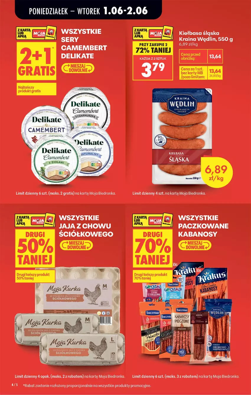 Gazetka promocyjna Biedronka - Od Poniedziałku - ważna 01.06 do 06.06.2026 - strona 4 - produkty: Camembert, Gra, Jaja, Kabanos, Kiełbasa, Kiełbasa śląska, Por, Ser