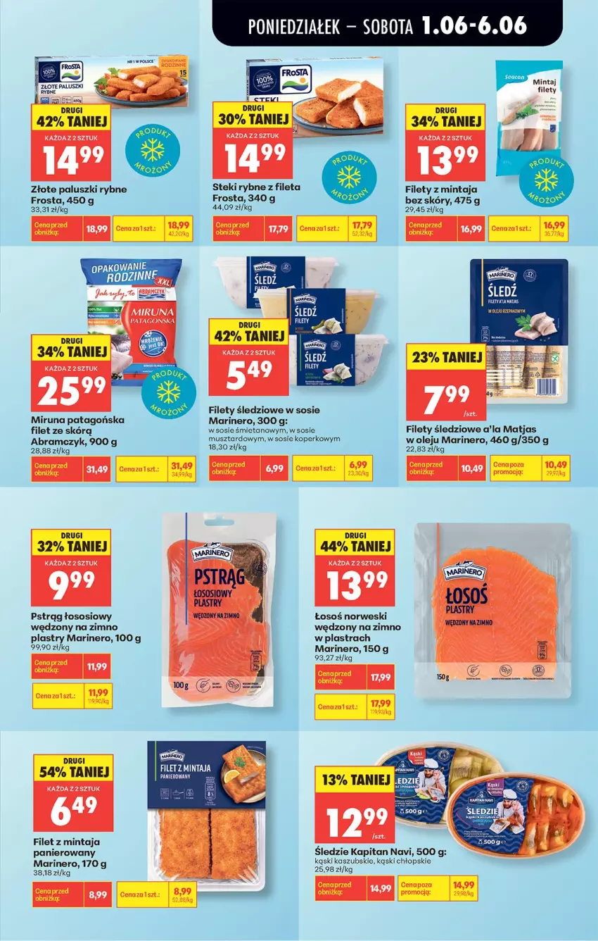 Gazetka promocyjna Biedronka - Od Poniedziałku - ważna 01.06 do 06.06.2026 - strona 44 - produkty: Filet z mintaja, Frosta, Matjas, Mintaj, Miruna, Mus, Olej, Paluszki rybne, Pstrąg, Pstrąg łososiowy, Sos, Stek, Tago, Wasa